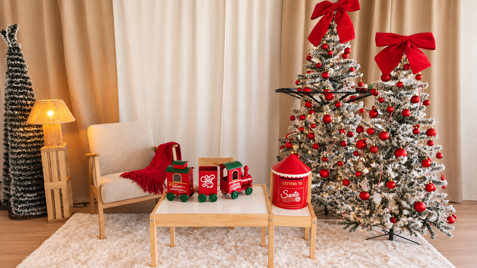 Cenário de Natal 2026 com árvores nevadas, laços vermelhos, poltrona, comboio e correio do Pai Natal